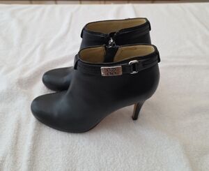 Coach Black Leather Ankle Heeled Boots with Silver Buckle